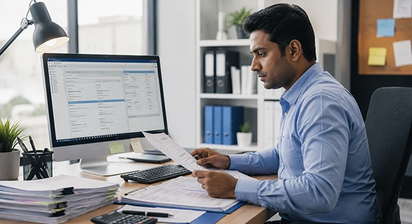 Loan processor reviewing applications and entering borrower data