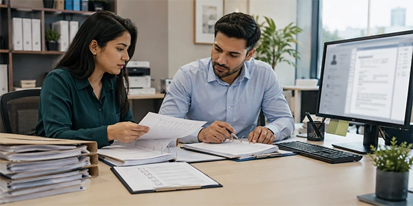Two professionals reviewing healthcare records with audit checklist.