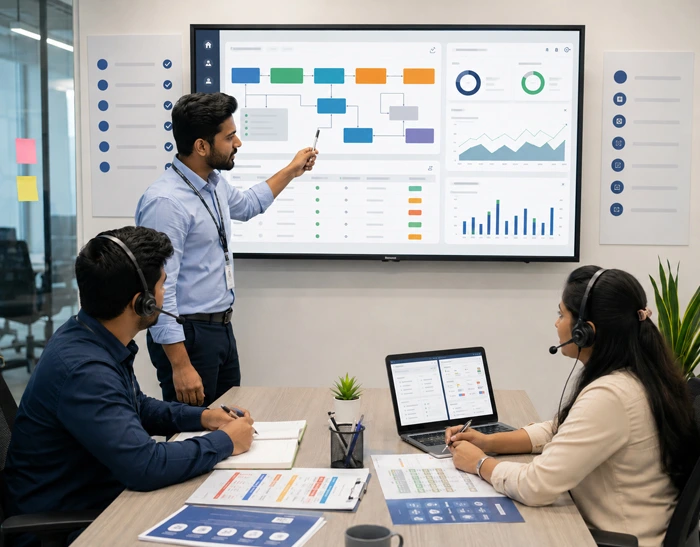 Onboarding and campaign setup team reviewing workflow dashboard