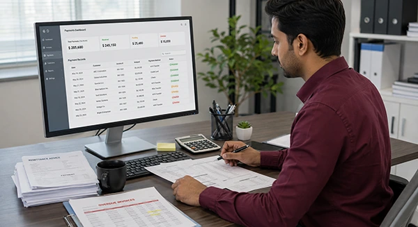 Finance professional reviewing payment status and batches