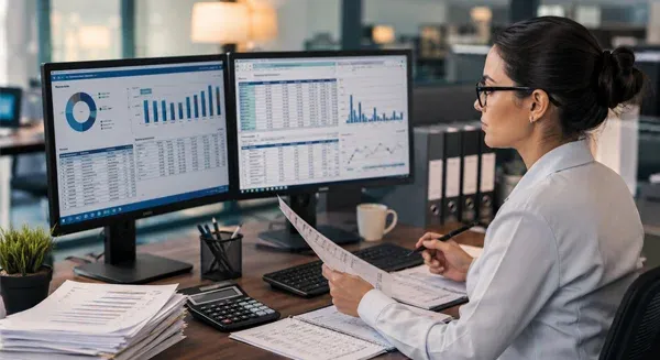 Financial analyst checking business reports and data sheets