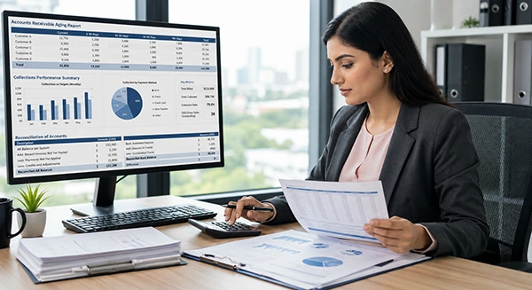 Finance analyst reviewing receivables reports and reconciliation dashboard