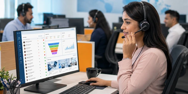 Telemarketing agent running sales campaign calls with CRM lead tracking