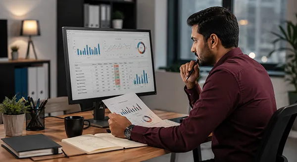 Financial analyst comparing budget versus actual performance using KPI dashboards