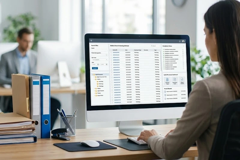 Woman using medical records management software.