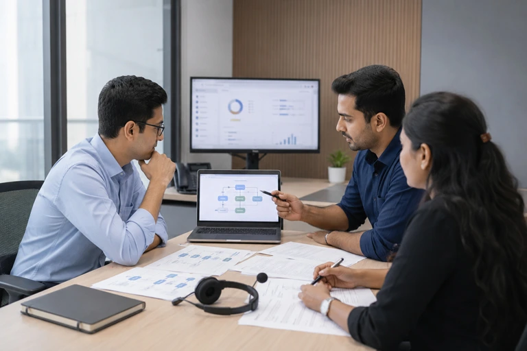 Alt Tag: Team discussing inbound call center workflow and support process setup