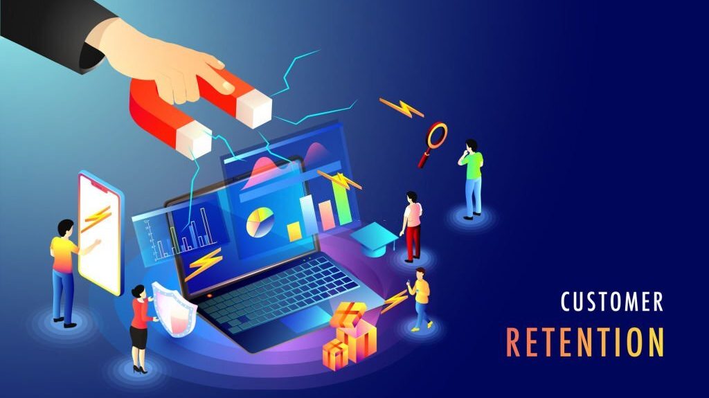 Hand holding a magnet attracting various digital elements, including graphs and a laptop, symbolizing customer retention strategies in marketing.