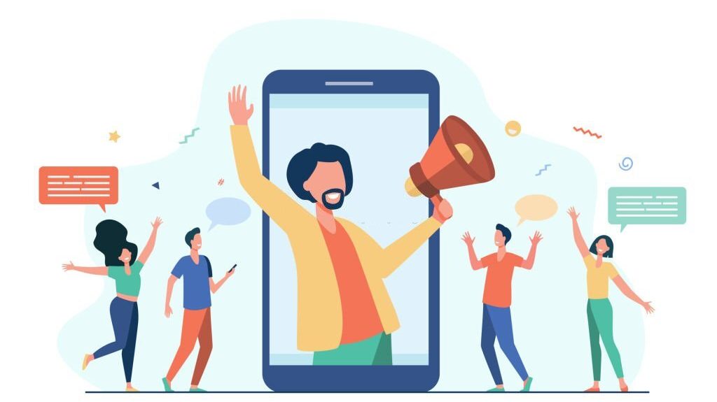 Illustration of a diverse group of people engaging in communication, with a central figure holding a megaphone emerging from a smartphone, symbolizing customer follow-up and feedback services.
